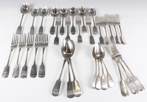 TooveysA group of Victorian silver Fiddle pattern cutlery, including a set