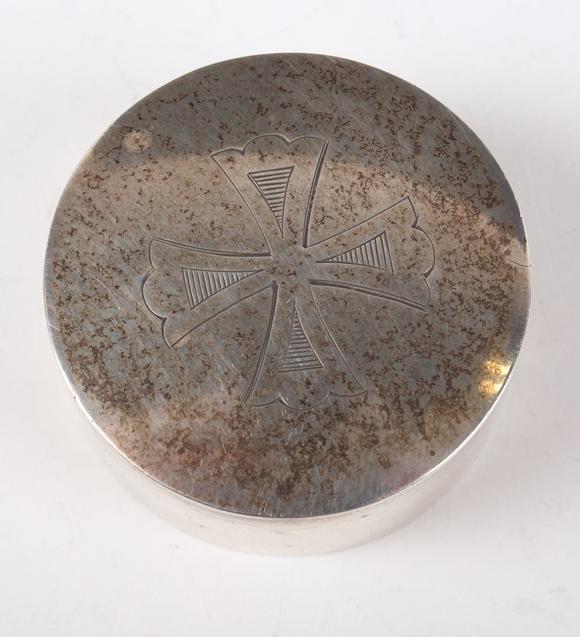 TooveysA Victorian silver communion wafer box or pyx, the cover engraved wi