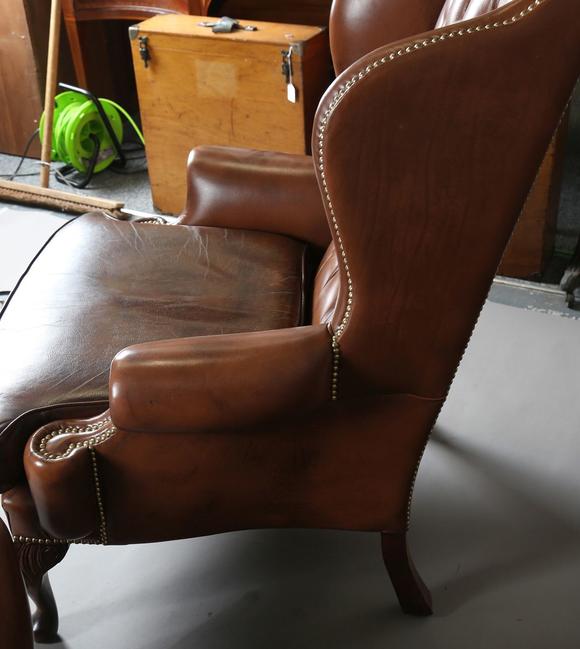 TooveysA pair of late 20th century George III style wing back armchairs, up