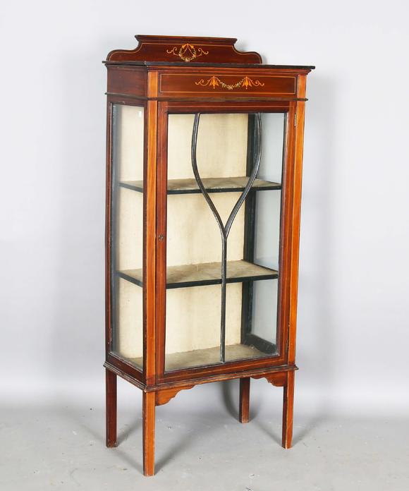 TooveysAn Edwardian mahogany display cabinet with inlaid and painted frieze