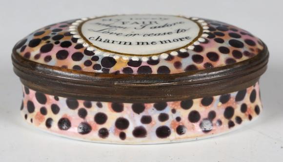 TooveysAn 18th century South Staffordshire enamel oval snuff box, decorated