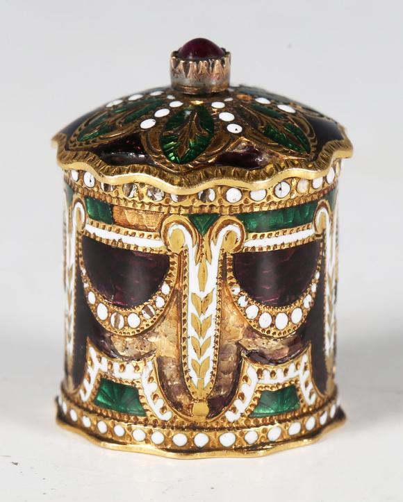 TooveysA fine 19th century gold, varicoloured enamelled and ruby set novelt