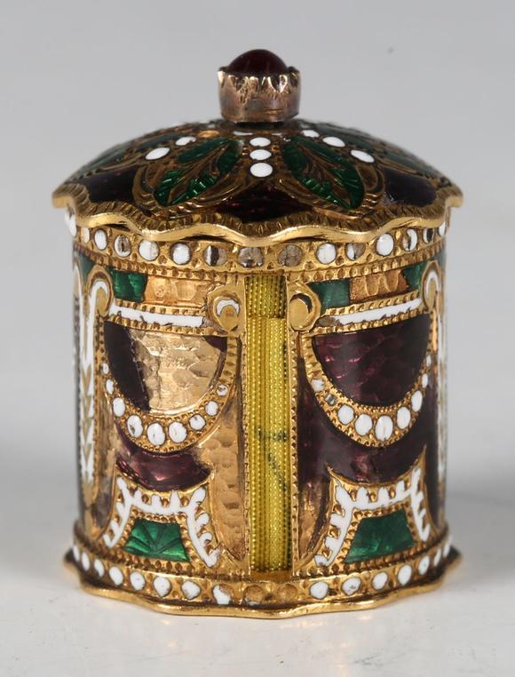 TooveysA fine 19th century gold, varicoloured enamelled and ruby set novelt