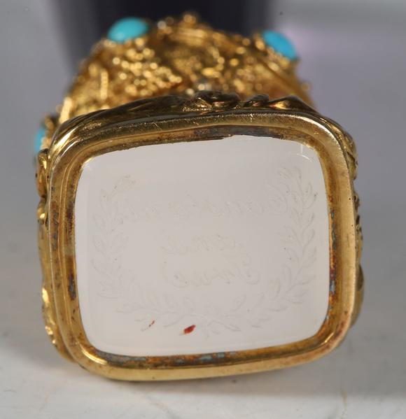 TooveysAn early 19th century gold mounted, amethyst, turquoise and chalcedo