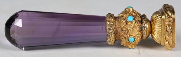 TooveysAn early 19th century gold mounted, amethyst, turquoise and chalcedo