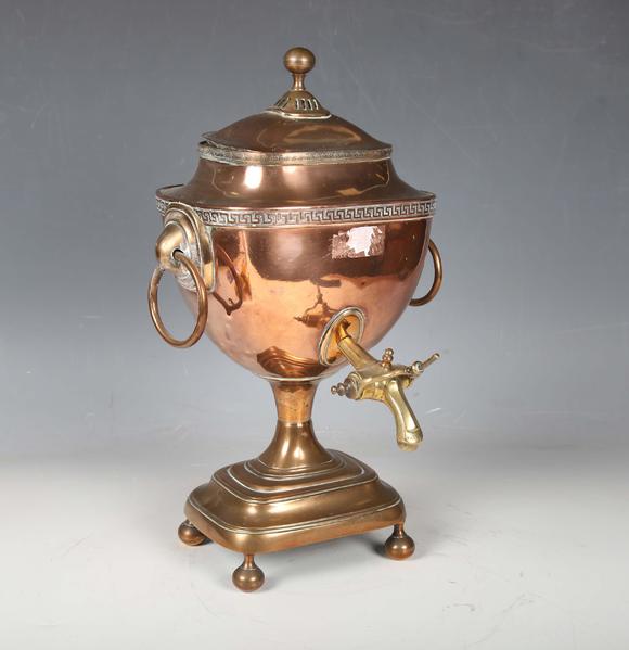 TooveysA Regency copper samovar with Greek key border and ring handles, hei