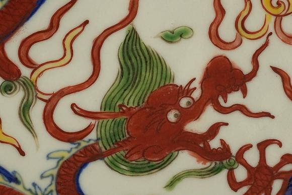 京都祇園會拍賣明 大明萬歷年制 五彩雙龍盤 日本桐箱附 本物保證
