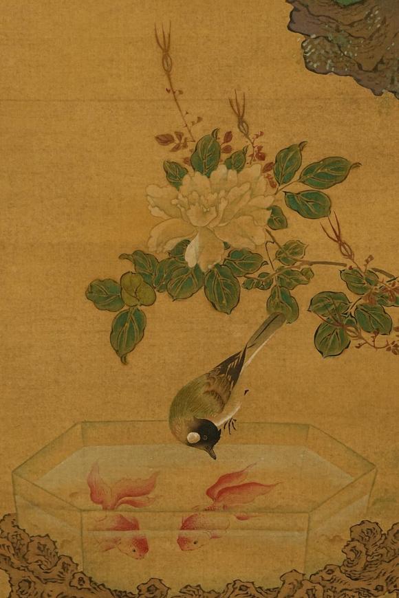 京都祇園會拍賣沈銓 花鳥圖 絹本掛軸 日本朱漆手書箱附 日本古裂裝裱 鷹見游山舊藏 出版著錄附