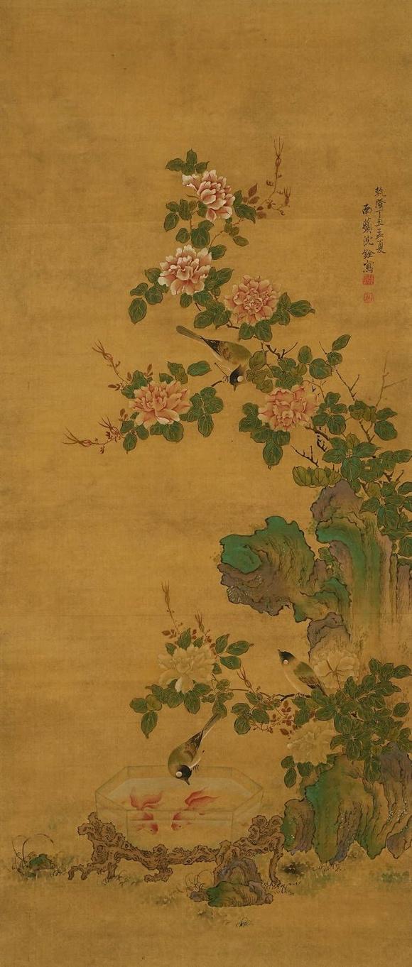 京都祇園會拍賣沈銓 花鳥圖 絹本掛軸 日本朱漆手書箱附 日本古裂裝裱 鷹見游山舊藏 出版著錄附