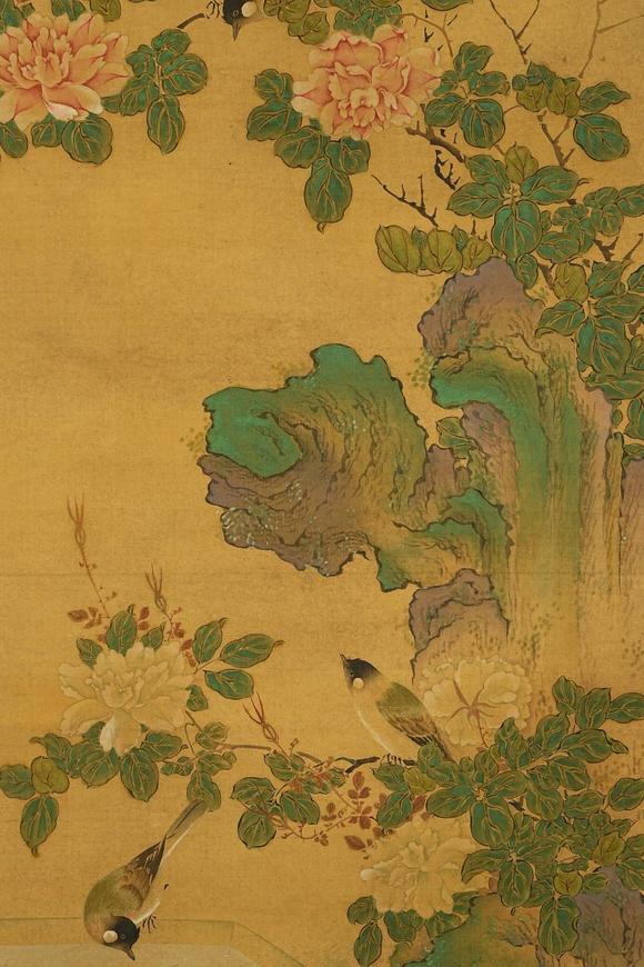 京都祇園會(huì)拍賣(mài)沈銓 花鳥(niǎo)圖 絹本掛軸 日本朱漆手書(shū)箱附 日本古裂裝裱 鷹見(jiàn)游山舊藏 出版著錄附