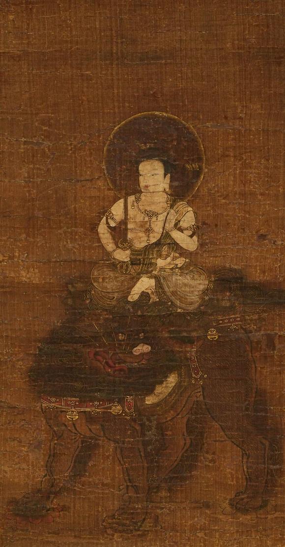 京都祇園會拍賣鐮倉時(shí)代 文殊菩薩 絹本掛軸 日本桐箱附 日本古裂裝裱 鷹見遊山舊藏 出版著錄附