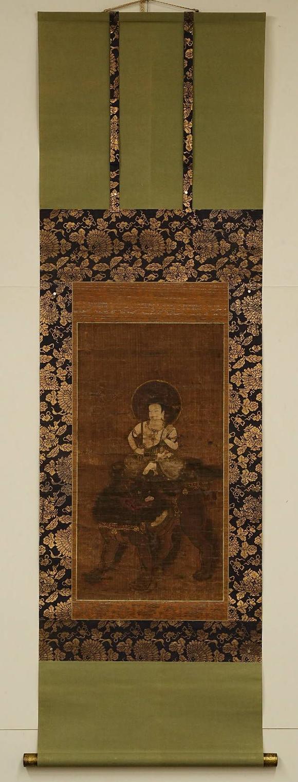 京都祇園會拍賣鐮倉時代 文殊菩薩 絹本掛軸 日本桐箱附 日本古裂裝裱 鷹見遊山舊藏 出版著錄附
