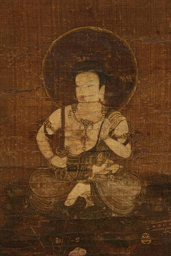 京都祇園會拍賣鐮倉時(shí)代 文殊菩薩 絹本掛軸 日本桐箱附 日本古裂裝裱 鷹見遊山舊藏 出版著錄附