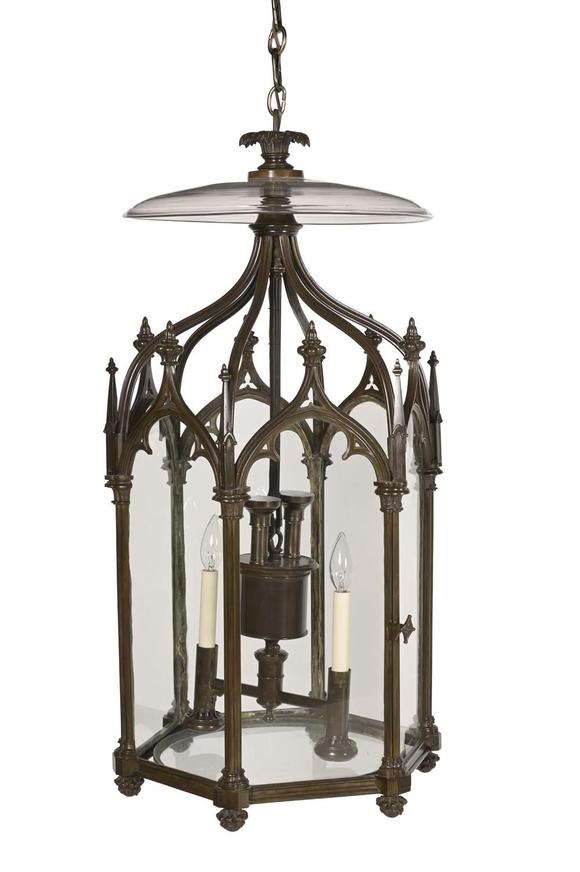 DreweattsA LARGE BRONZE GOTHIC HEXAGONAL HALL LANTERN, EARLY 19TH CENTURY