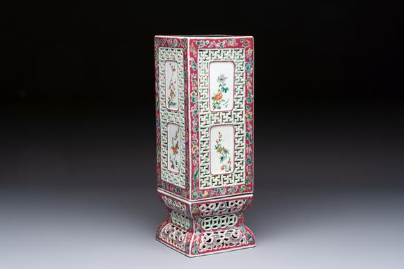 Rob Michiels AuctionsA fine Chinese famille rose reticulated square lantern with a stand, 19th C.