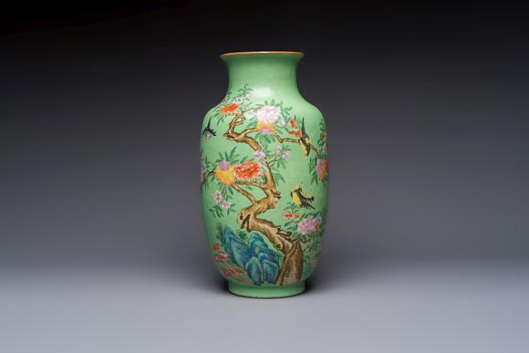 Rob Michiels AuctionsA Chinese famille rose sgraffiato lime-green-ground 'Birds among Flowering Branches' vase, Qianlong mark, 19th C.