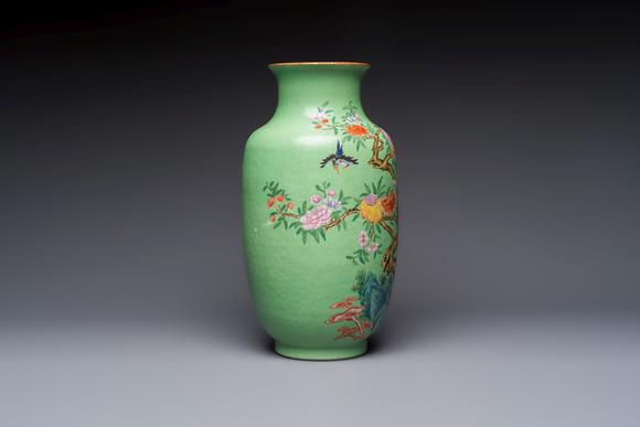 Rob Michiels AuctionsA Chinese famille rose sgraffiato lime-green-ground 'Birds among Flowering Branches' vase, Qianlong mark, 19th C.