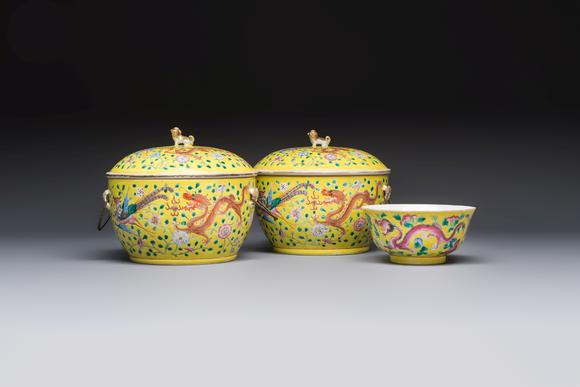 Rob Michiels AuctionsA pair of Chinese famille rose yellow-ground 'Dragon and Phoenix' covered warming bowls and a bowl, Tongzhi marks, 19th C.