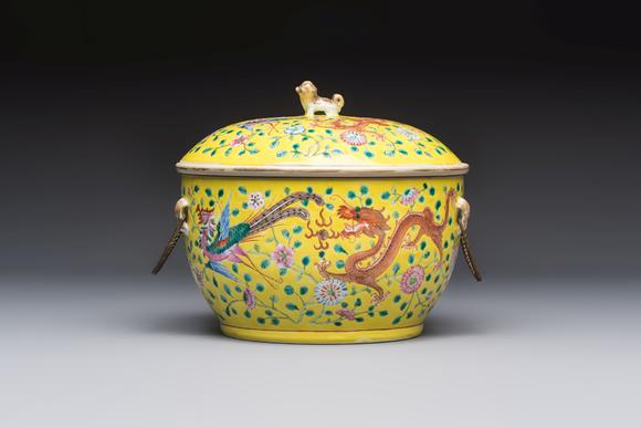 Rob Michiels AuctionsA pair of Chinese famille rose yellow-ground 'Dragon and Phoenix' covered warming bowls and a bowl, Tongzhi marks, 19th C.