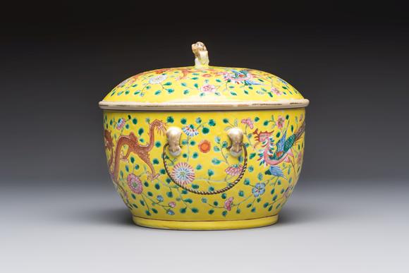Rob Michiels AuctionsA pair of Chinese famille rose yellow-ground 'Dragon and Phoenix' covered warming bowls and a bowl, Tongzhi marks, 19th C.