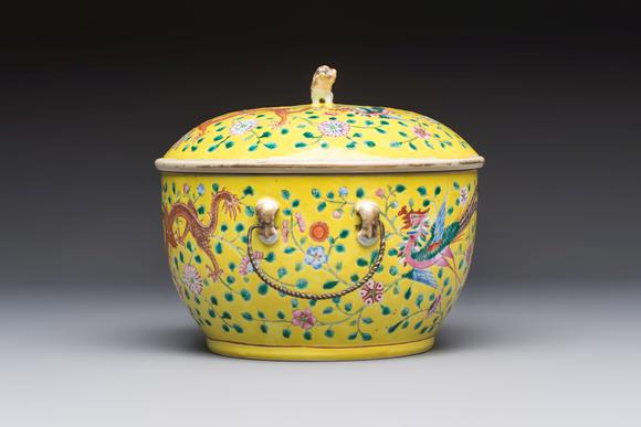Rob Michiels AuctionsA pair of Chinese famille rose yellow-ground 'Dragon and Phoenix' covered warming bowls and a bowl, Tongzhi marks, 19th C.
