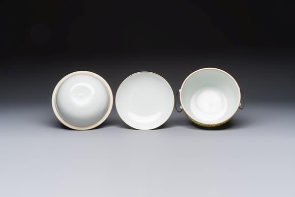 Rob Michiels AuctionsA pair of Chinese famille rose yellow-ground 'Dragon and Phoenix' covered warming bowls and a bowl, Tongzhi marks, 19th C.