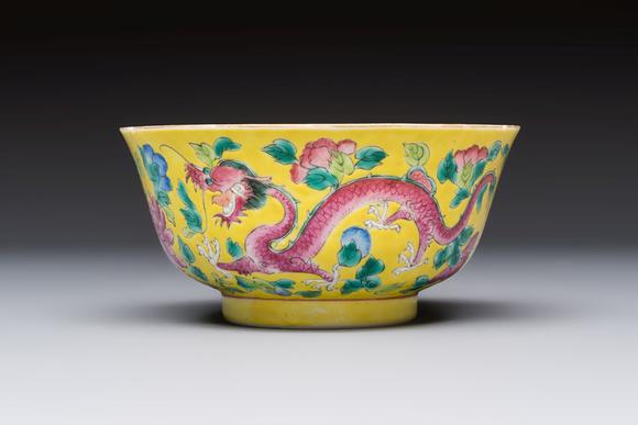 Rob Michiels AuctionsA pair of Chinese famille rose yellow-ground 'Dragon and Phoenix' covered warming bowls and a bowl, Tongzhi marks, 19th C.