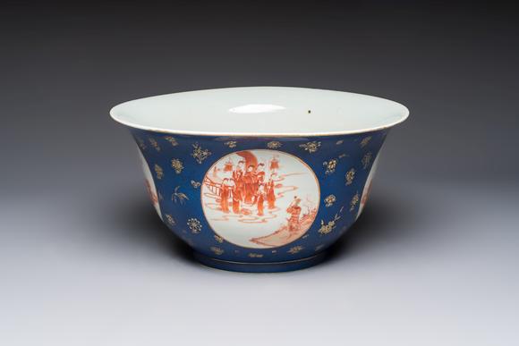 Rob Michiels AuctionsA large Chinese iron-red and gilt-decorated powder-blue-ground bowl with narrative design, 19th C.