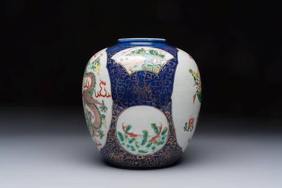 Rob Michiels AuctionsA Chinese famille verte gilt-decorated blue-ground 'Dragon and Phoenix' vase, Kangxi mark, 19th C.