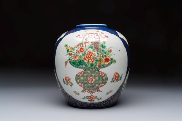 Rob Michiels AuctionsA Chinese famille verte gilt-decorated blue-ground 'Dragon and Phoenix' vase, Kangxi mark, 19th C.