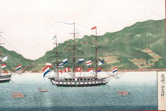 Rob Michiels AuctionsKawahara Keiga 川原慶賀 (Japan, 1786-1860): 'Two Dutch Vessels Anchored off Nagasaki Bay', gouache on silk, seal mark, 19th C.