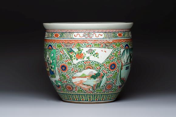 Rob Michiels AuctionsA Chinese famille verte 'Zhu Lin Qi Xian 竹林七賢' and 'Xi Xiang Ji' fish bowl or jardinière, 19th C.