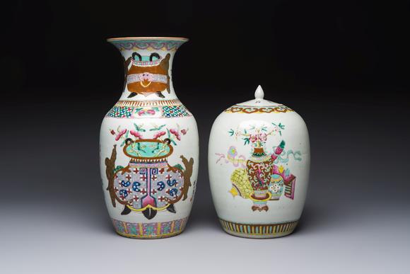Rob Michiels AuctionsA Chinese famille rose 'Antiquities' vase and a covered jar, 19th C.