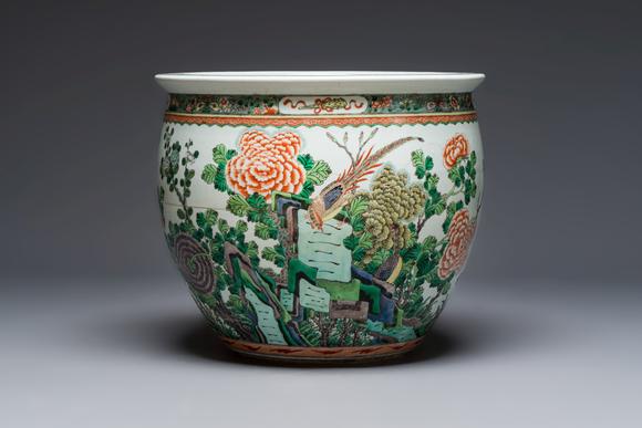 Rob Michiels AuctionsA Chinese famille verte 'Birds among Flowering Branches' fish bowl or jardinière, 19th C.