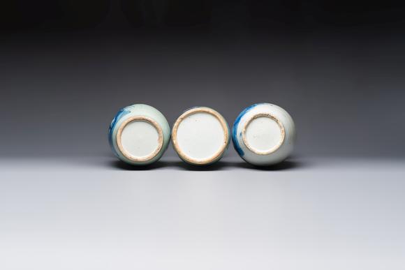 Rob Michiels AuctionsTwo Chinese blue and white celadon-ground vases and a blue and white vase, on wooden stands, 19th C.