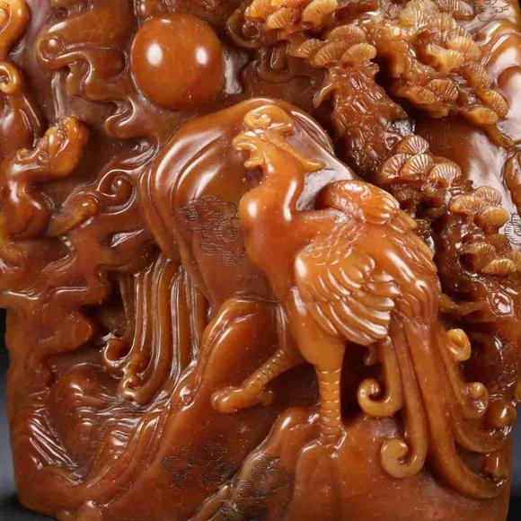 日本松町古美田黃石龍鳳呈祥高浮雕擺件