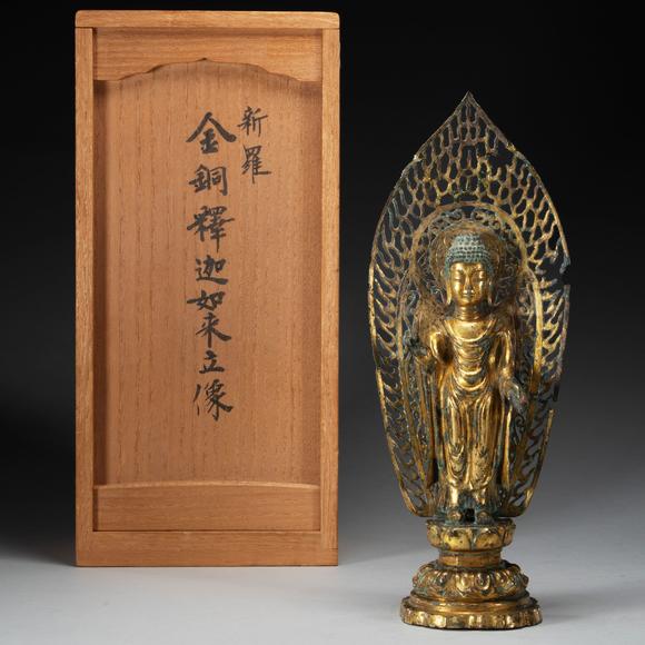 東京銀座（古美術(shù)宋磁）新羅 銅鎏金背光釋迦摩尼立像