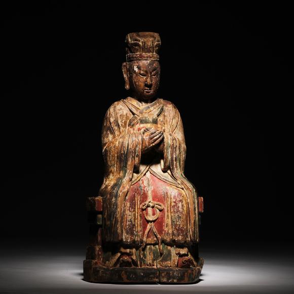 東京銀座（古美術(shù)宋磁）明 木雕加彩天官像  京都古董商舊藏