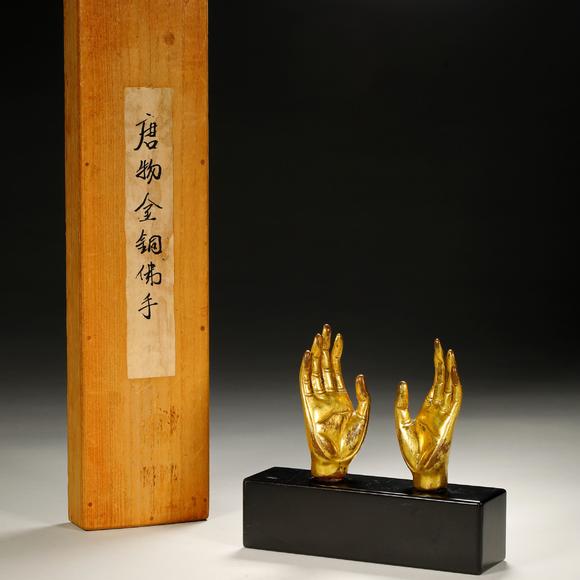 東京銀座（古美術宋磁）唐 銅鎏金仏手一對