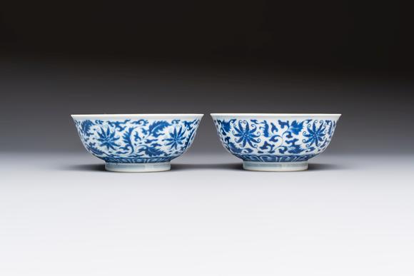 Rob Michiels AuctionsA pair of Chinese blue and white 'lotus scroll' bowls, Yongzheng mark and of the period