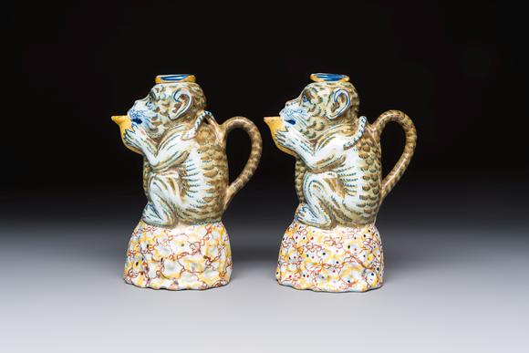 Rob Michiels AuctionsA pair of polychrome Dutch Delft monkey ewers and covers, 18th C.