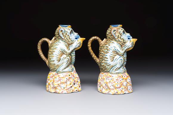 Rob Michiels AuctionsA pair of polychrome Dutch Delft monkey ewers and covers, 18th C.