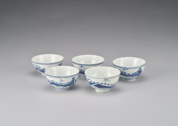 東京中央清 青花山水圖紋煎茶碗5客