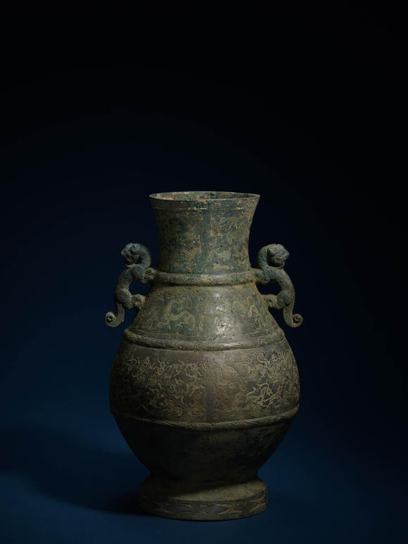 允臧齋戰(zhàn)國  青銅狩獵紋龍紋填漆圓壺