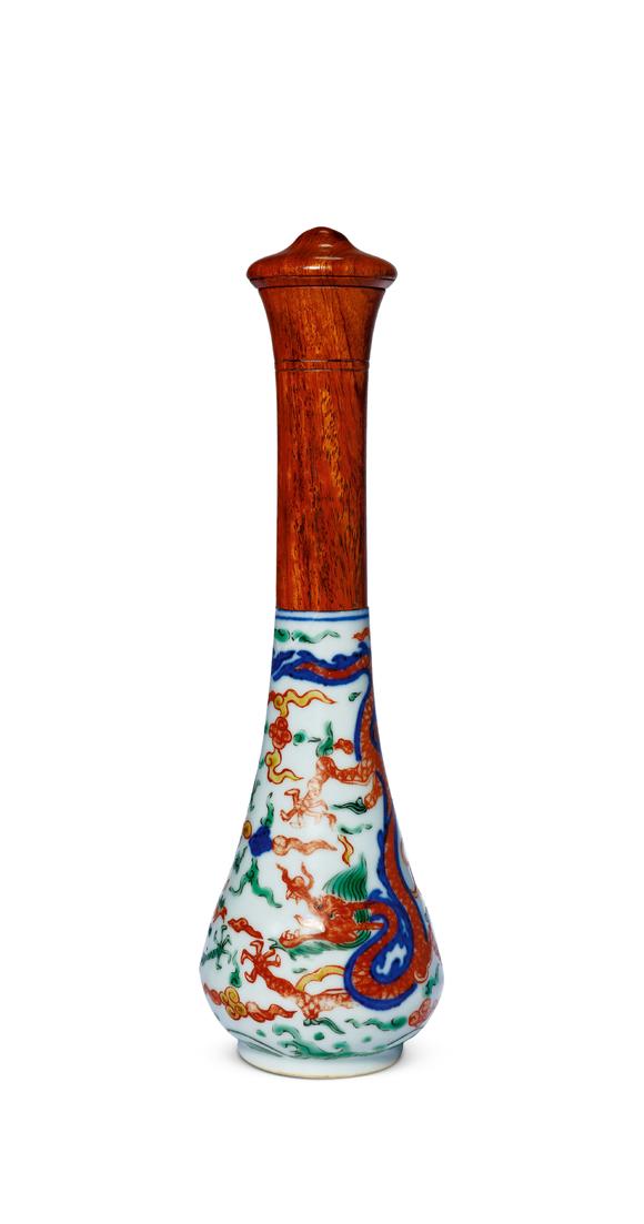 中古陶明萬歷 五彩云龍紋筆桿（鑲木柄）