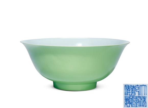 中古陶清乾隆 秋葵綠釉大碗