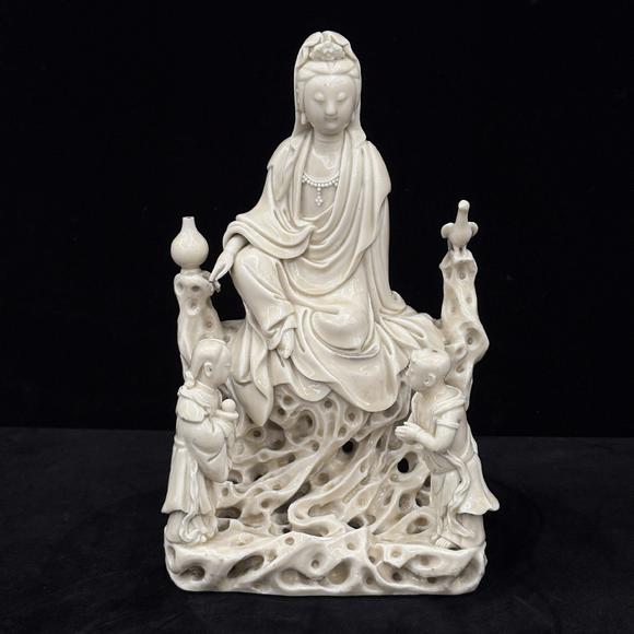 南京十竹齋德化窯善財(cái)童子龍女拜觀音像