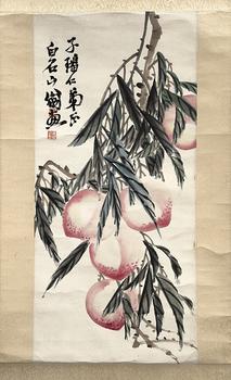 「斉白石」畫 桃図 軸