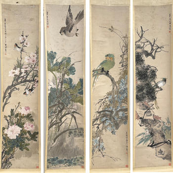 十九世紀「朱夢盧」畫 花鳥図 四屏