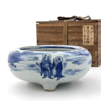 明末清初 青花 山水羅漢図 三足爐